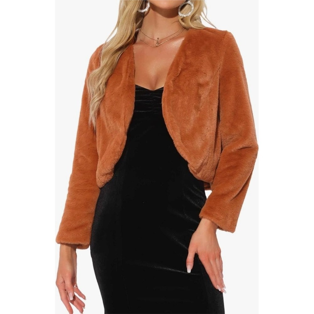 Allegra K Womens XL Faux Fur Cropped Shrug Bolero Jacket Ginger Brown Open Front